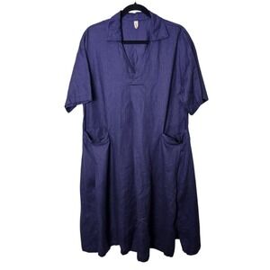 Grae Cove L Linen‎ Midi Dress Blue Pockets V-Neck Short Sleeve Coastal Lagenlook
